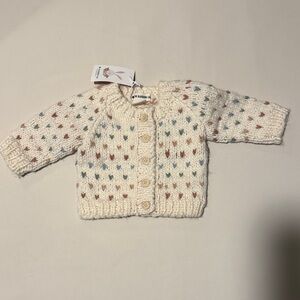Cream Hand-Knit Baby Cardigan with Multicolor Heart Dots
